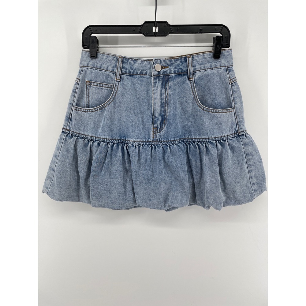 Mable Denim Mini Skirt Women Medium Blue Western Fairy Boho Bubble Ruffle